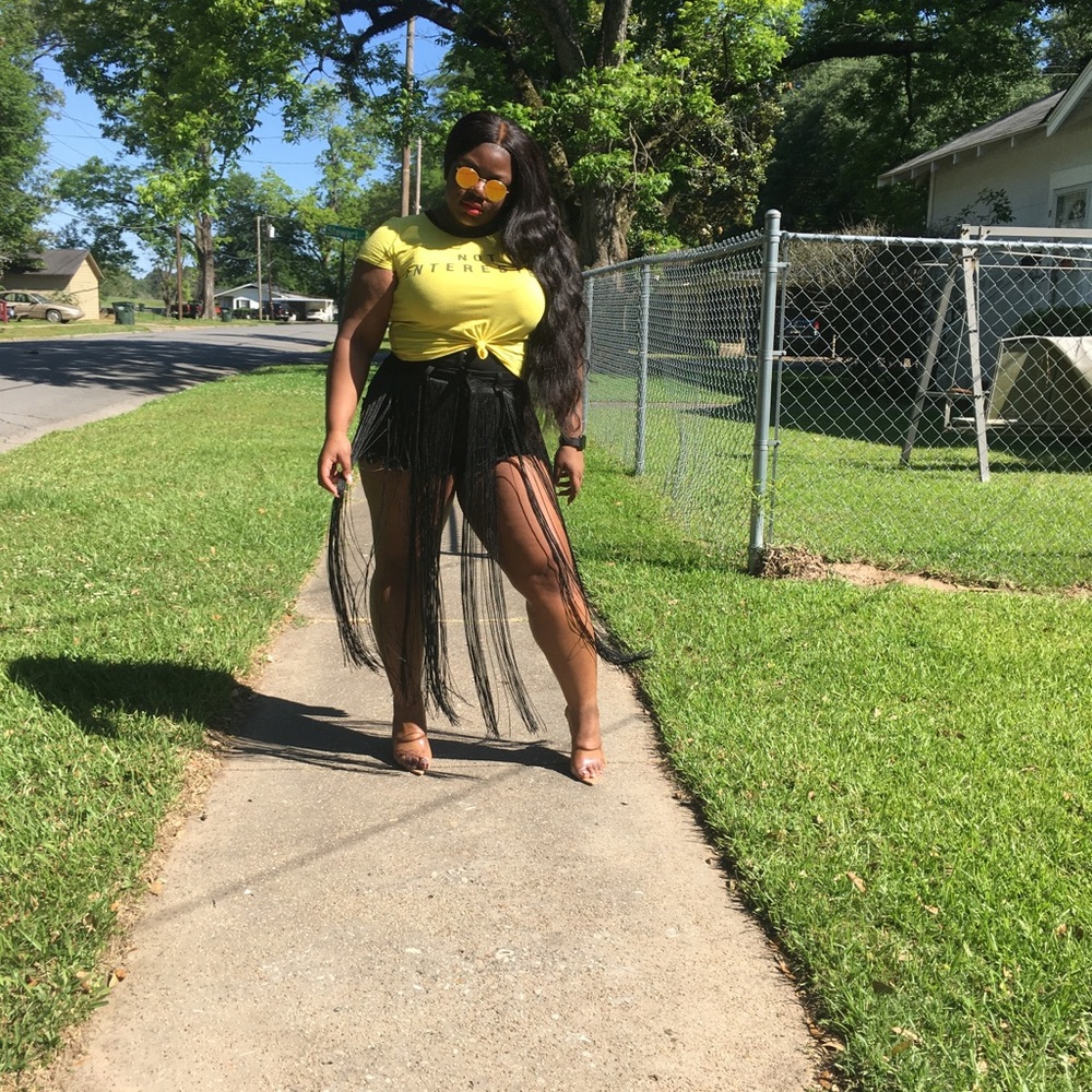 Black fringe denim shorts